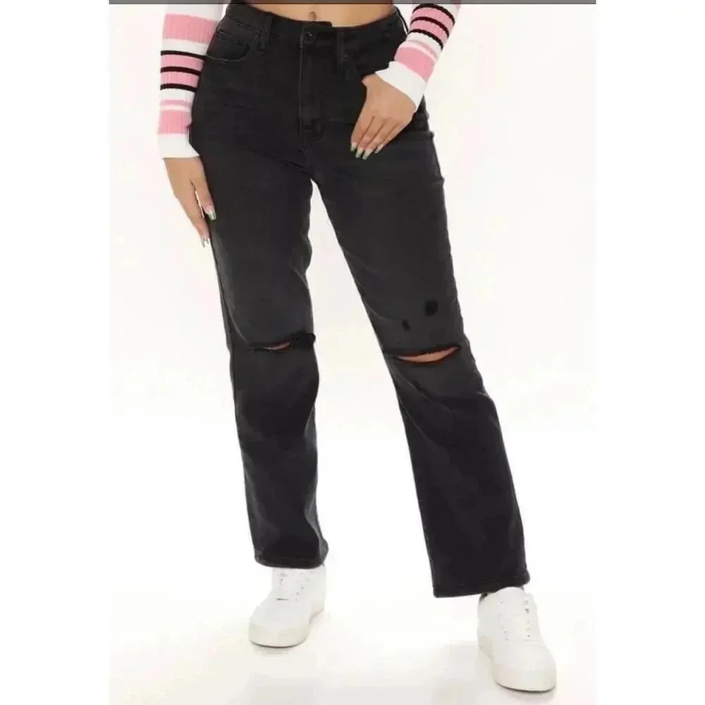 NWT Fashion Nova Cara Stretch Black Straight Leg Distressed Jeans Size 9 0149